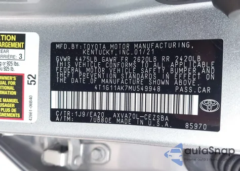 2021 Toyota Camry Se from USA, damaged, VIN 4T1G11AK7MU549948